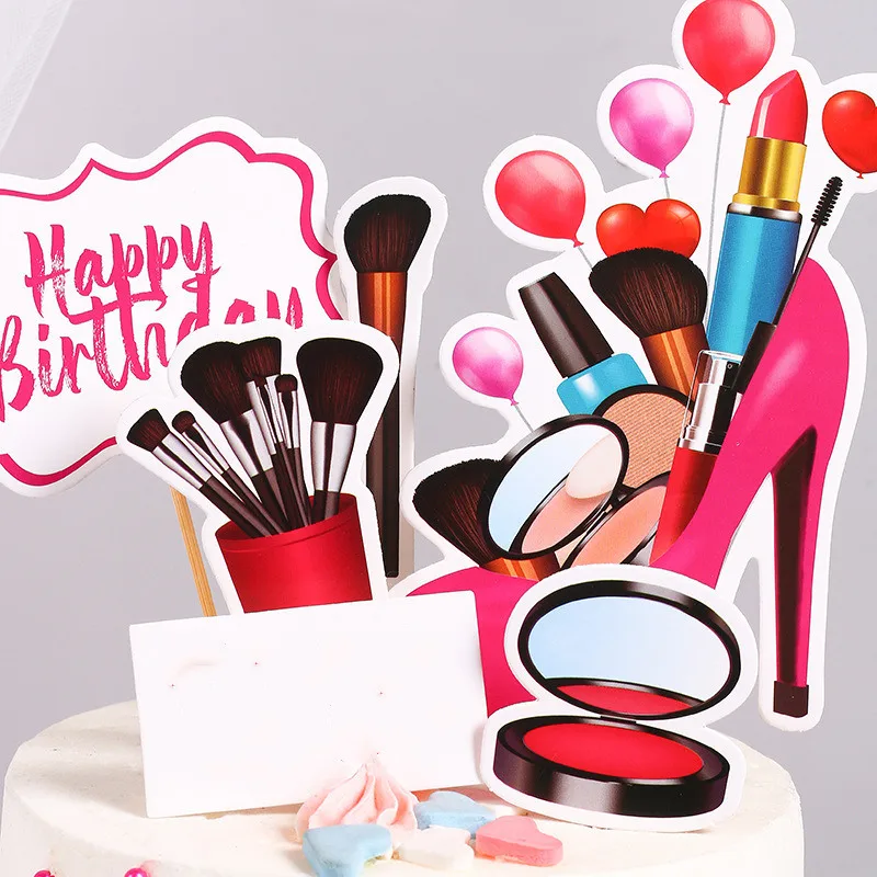 Conjunto de 7 peças de topo de bolo de maquiagem com glitter para festa de  aniversário de meninas. Menina sentada, espelho rosa, salto, itens de  cosméticos artigos de festa