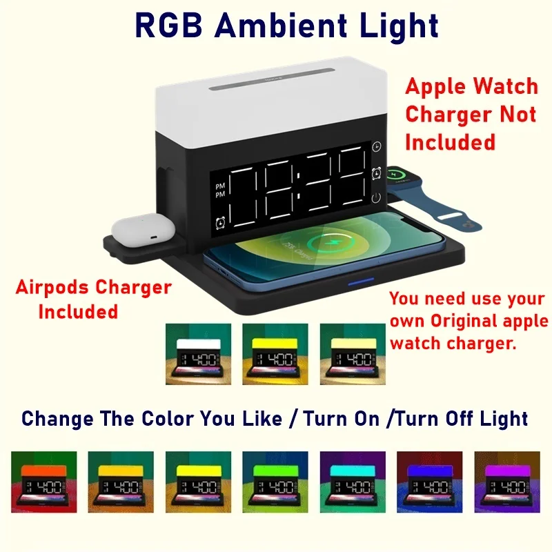 Relógio Despertador sem fio multifuncional, aplicativo de carregamento  rápido, luz RGB, 15W, iPhone 11, 12, 13, 14, Samsung - AliExpress