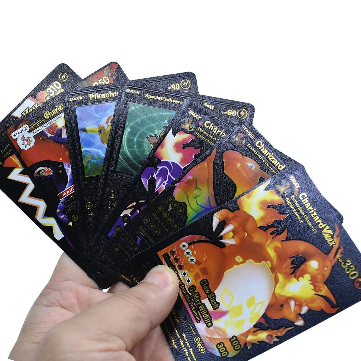 Compra online de Francês/inglês/espanhol metal pokemon cartões 55 pçs/caixa  ouro prata preto batalha trainer cartão de energia brinquedos para adultos  crianças presente
