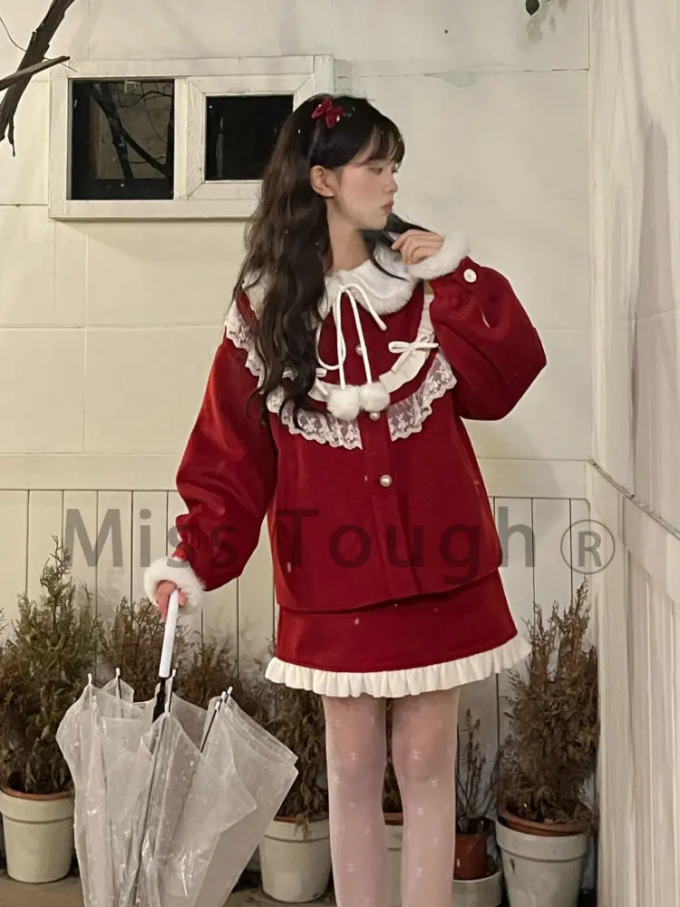 Em promoção! Kawaii Casaco Mulheres De Natal 2022 Vermelho Novo Laço Doce  Japonês Bonito Casaco Feminino Arco Quente Elegante Coreano Moda Casaco  Feminino