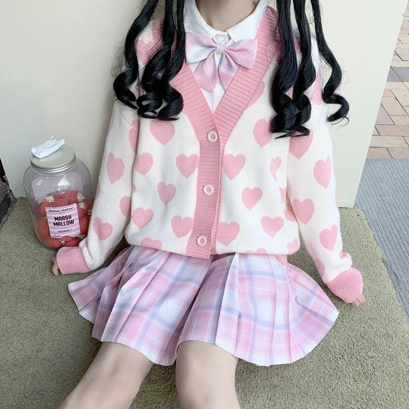 Em promoção! Kawaii Coração De Amor Cardigans De Malha Camisolas Mulher  Japonesa Harajuku Jk Lolita Rosa Camisas De Malhas Outono Meninas Cute Fada  Roupas