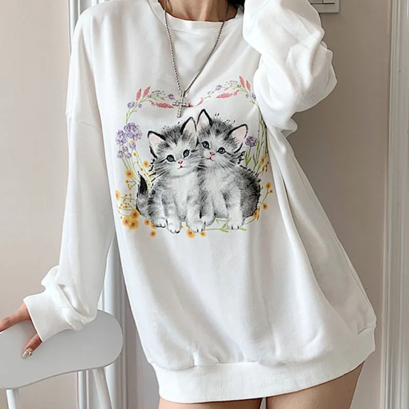Compra online de Outono camiseta feminina kawaii gato camisola de manga  longa camisola moda streetwear pulôver senhoras t camisa para meninas roupas